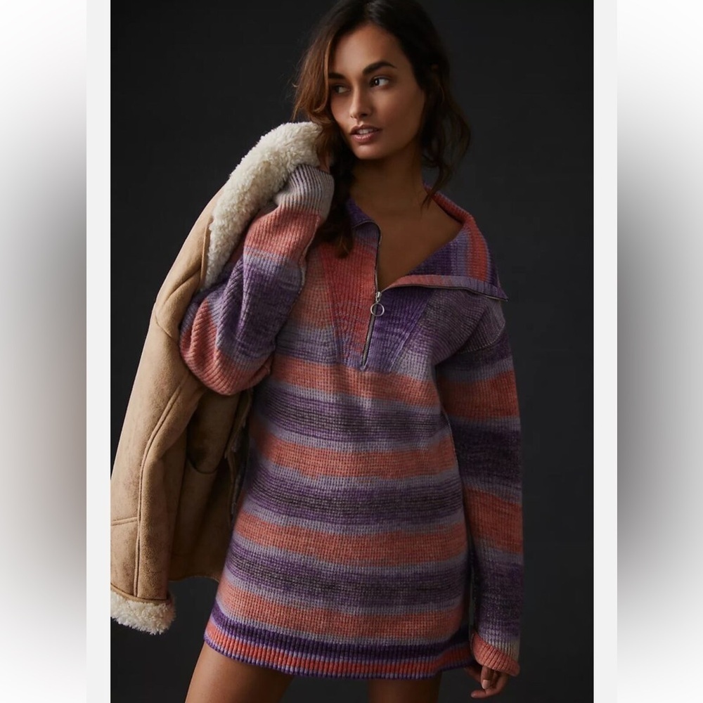 Anthropologie Daily Practice Half-Zip Tunic Sweater Mini Dress Striped M - Picture 2 of 8